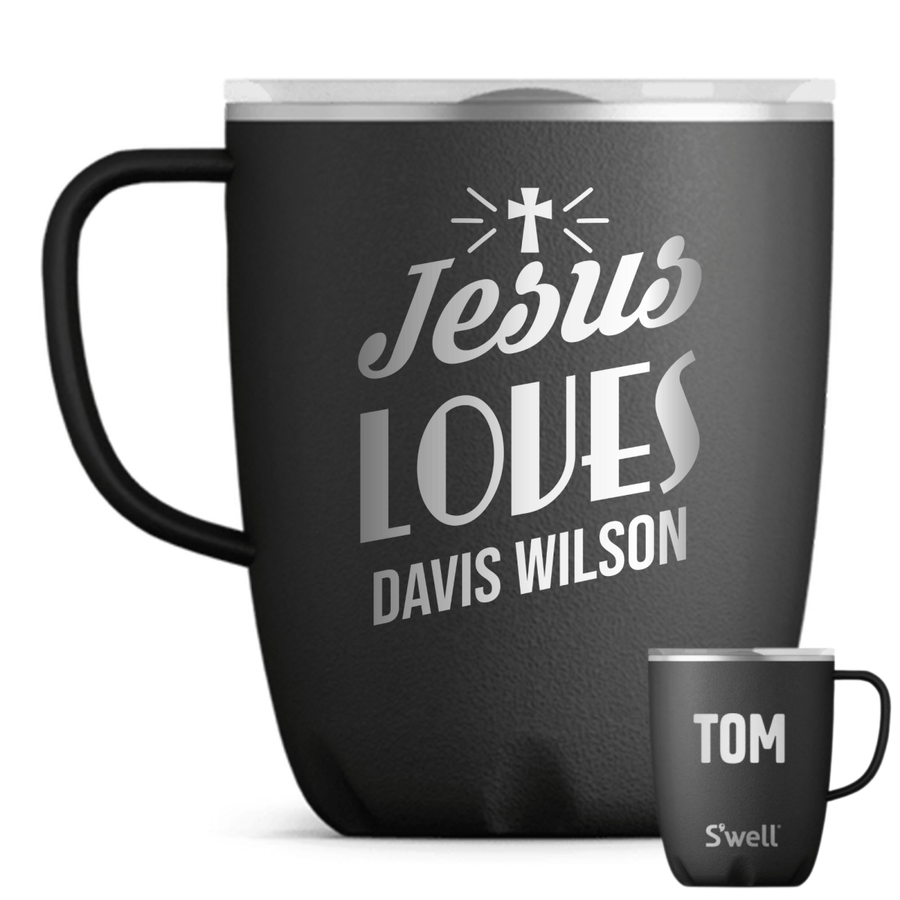 12 Oz, Black Coffee Mug Jesus Loves Your Name Cross Christian Tumbler with Sliding Lid - Shepherds Shelf