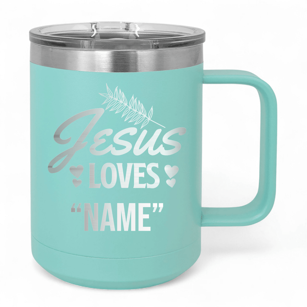 15 Oz Coffee Tumbler with Handle | Customized Jesus Loves Foliage | Christian Coffee Mug with Sliding Lid | Black - Shepherds Shelf