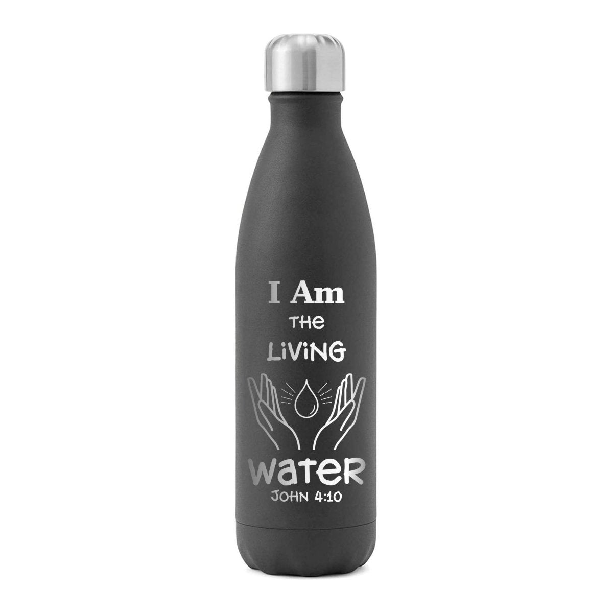 17 Oz, Black Water Bottle Living Water Christian Design Powder Coated Bottle - Shepherds Shelf
