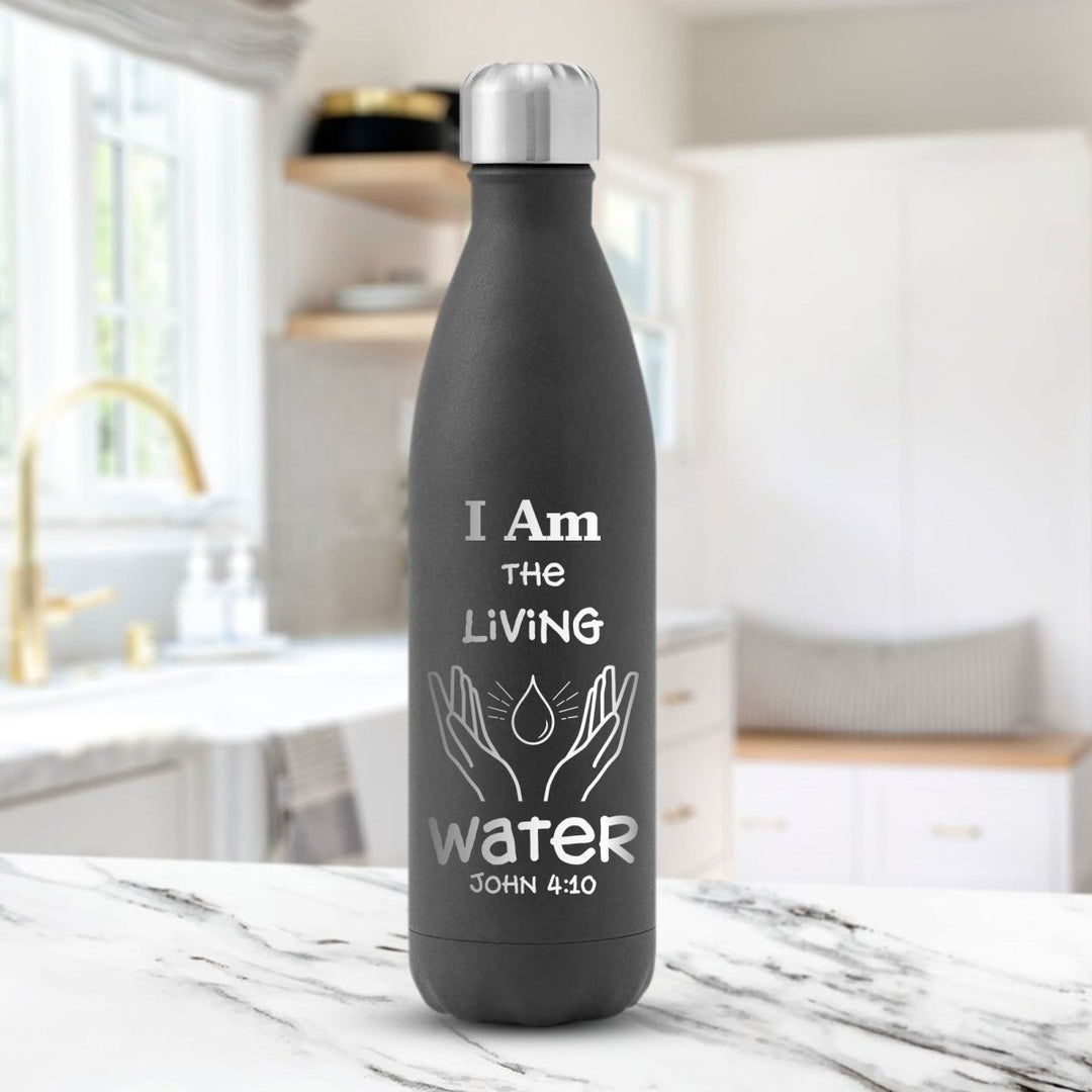 17 Oz, Black Water Bottle Living Water Christian Design Powder Coated Bottle - Shepherds Shelf