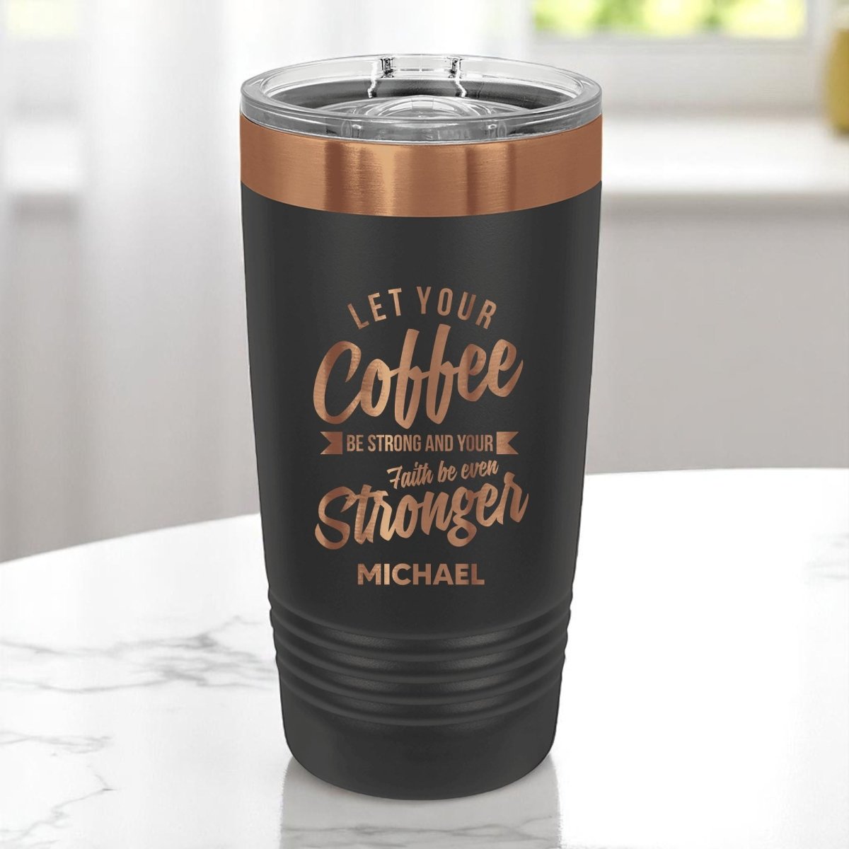20 Oz Custom Tumbler Stainless Steel with Sliding Lid | Coffee Strong Faith Stronger Design | Rose Gold, Black - Shepherds Shelf