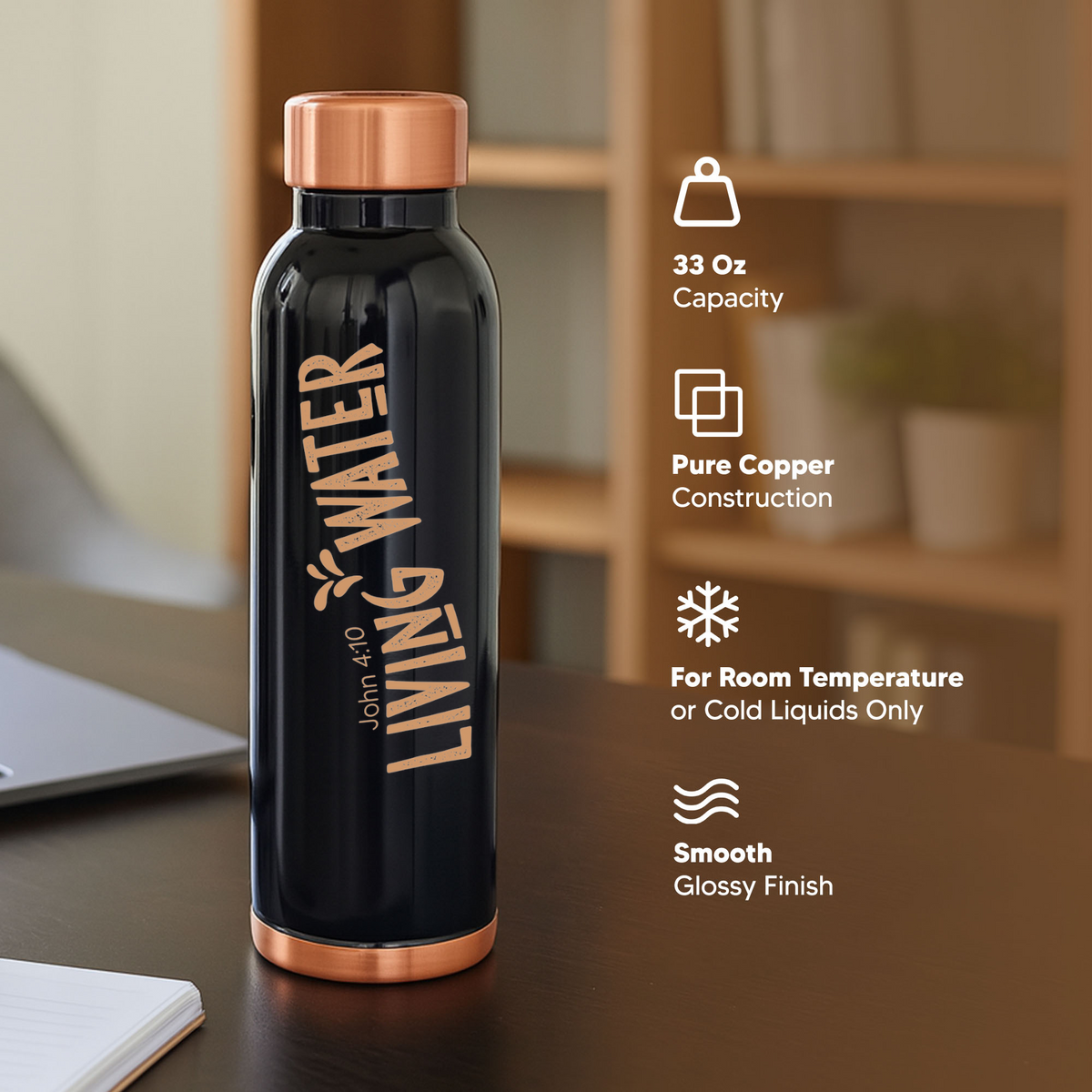 Custom Personalized Copper Water Bottle with John 4:10 Living Water and Name | Pure Copper | 33 Oz