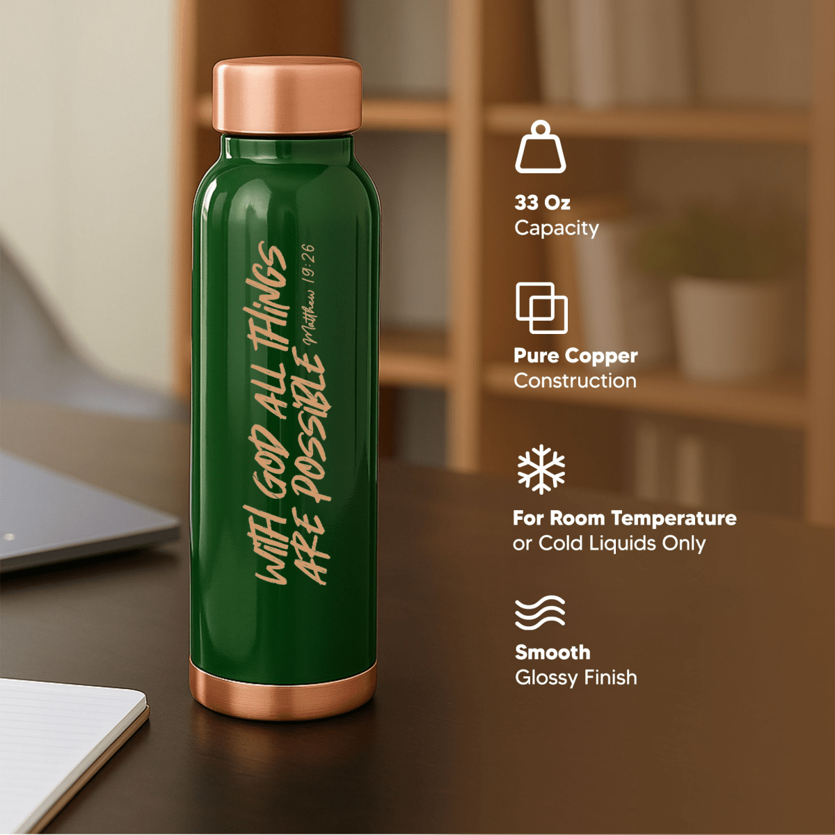 All Things Possible Custom Personalized Copper Water Bottle Matthew 19:26 and Name | Pure Copper | 33 Oz - Shepherds Shelf