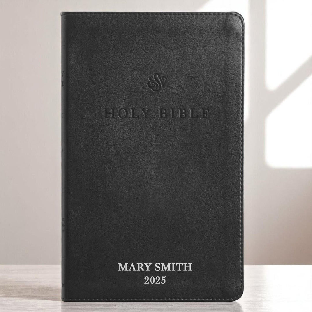 Custom Personalized Black ESV Bible | Small Text | Silver Customized Name | Faux Leather Premium Church Bible with Lay Flat Design, Black | Shepherds Shelf - Shepherds Shelf