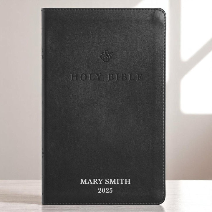 Custom Personalized Black ESV Bible | Small Text | Silver Customized Name | Faux Leather Premium Church Bible with Lay Flat Design, Black | Shepherds Shelf - Shepherds Shelf