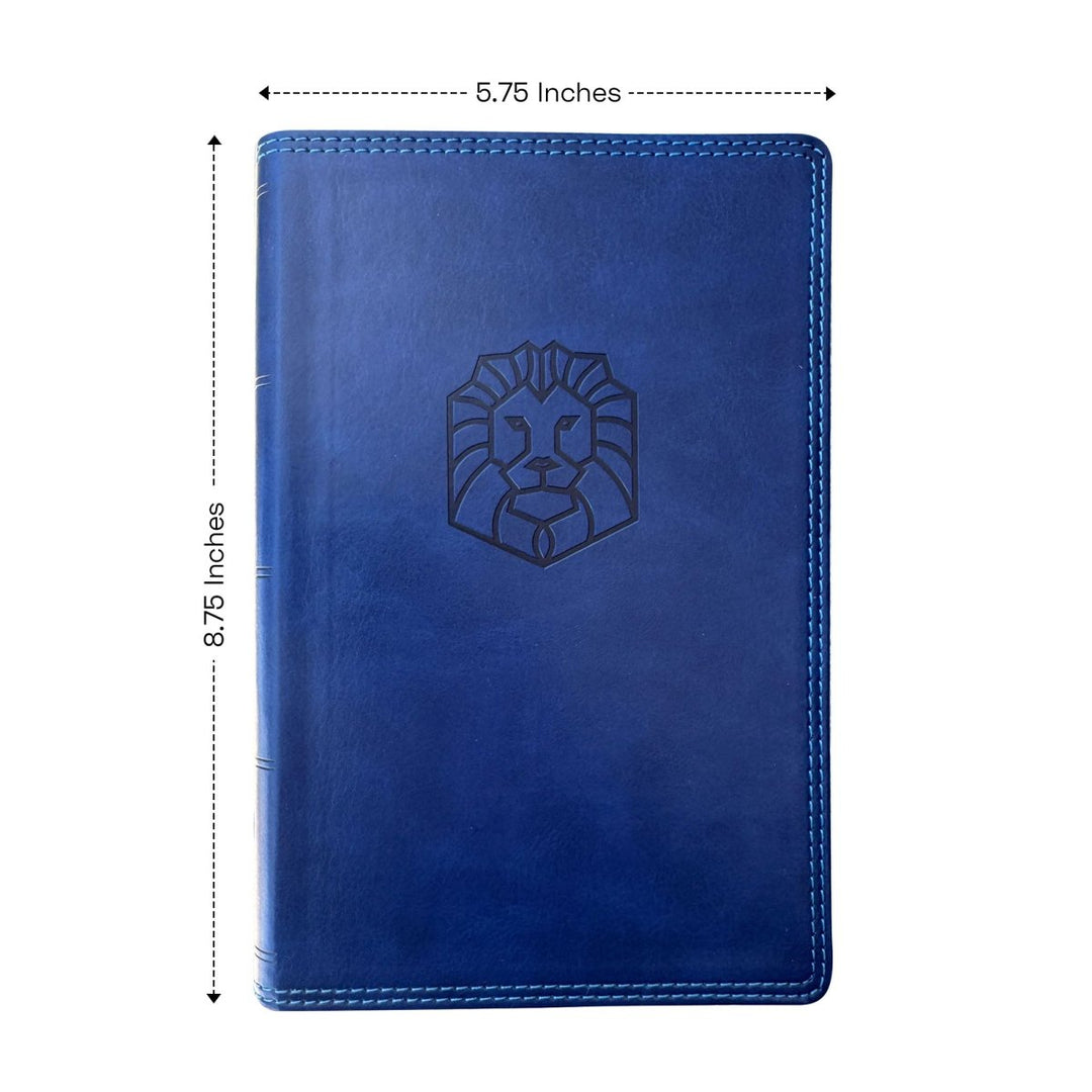 Custom Personalized Blue NKJV Kids Bible Lion Emblem Faux Leather Cover New King James Version Translation with Study Features | Shepherds Shelf - Shepherds Shelf