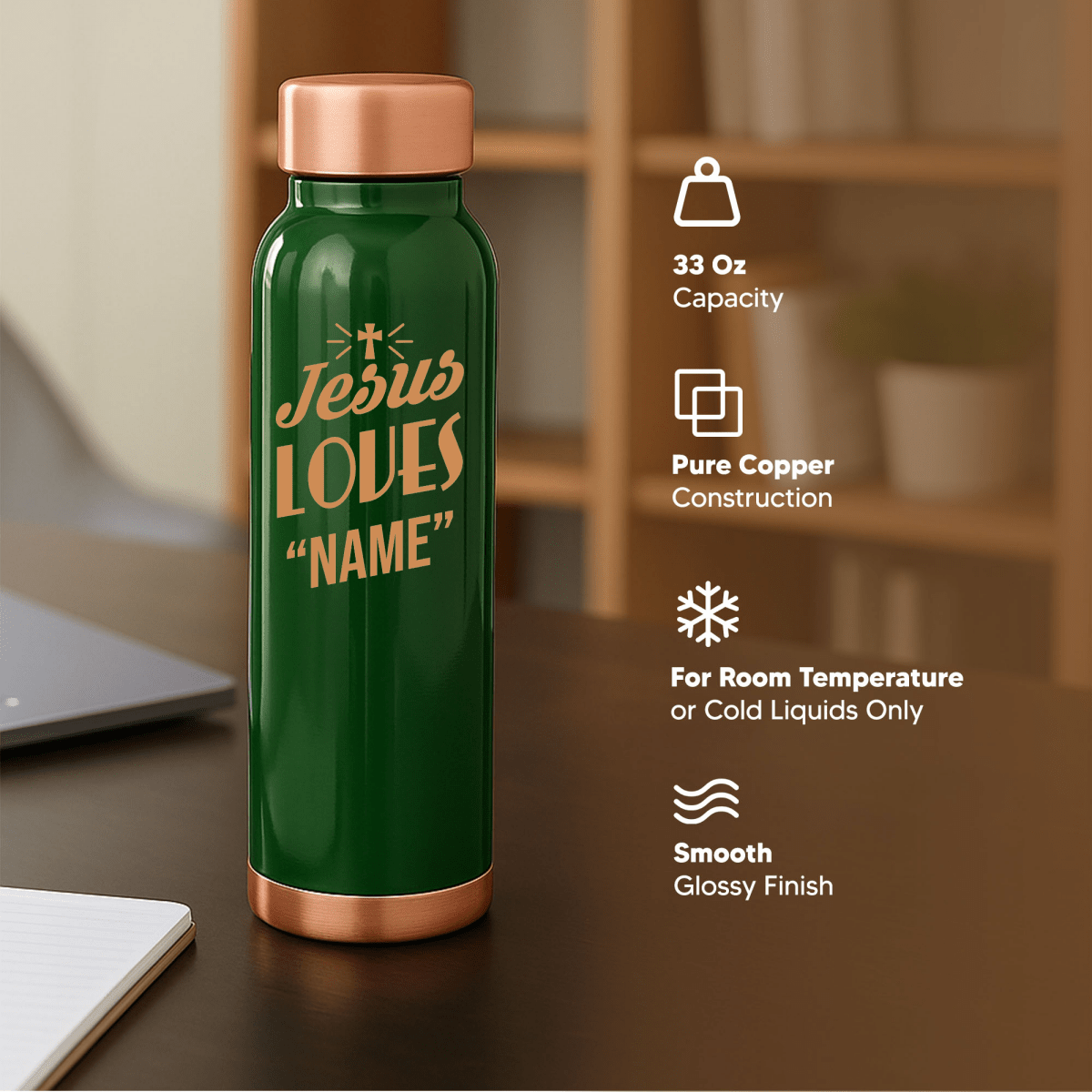 Custom Personalized Copper Water Bottle with Jesus Loves Your Name Cross Design | Pure Copper | 33 Oz - Shepherds Shelf
