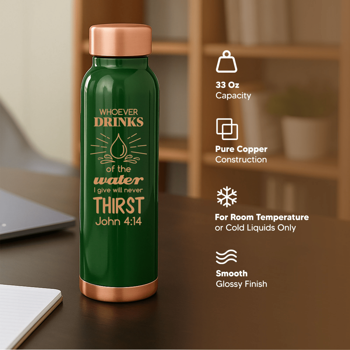 Custom Personalized Copper Water Bottle with John 4:14 and Name | Pure Copper | 33 Oz - Shepherds Shelf