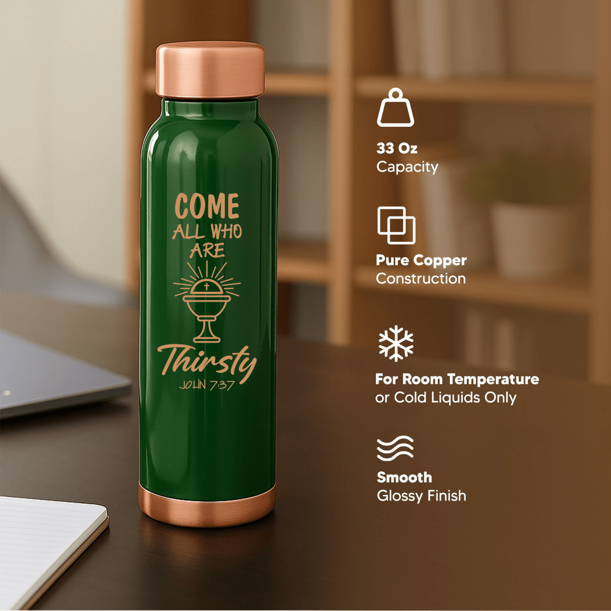 Custom Personalized Copper Water Bottle with John 7:37 and Name | Pure Copper | 33 Oz - Shepherds Shelf