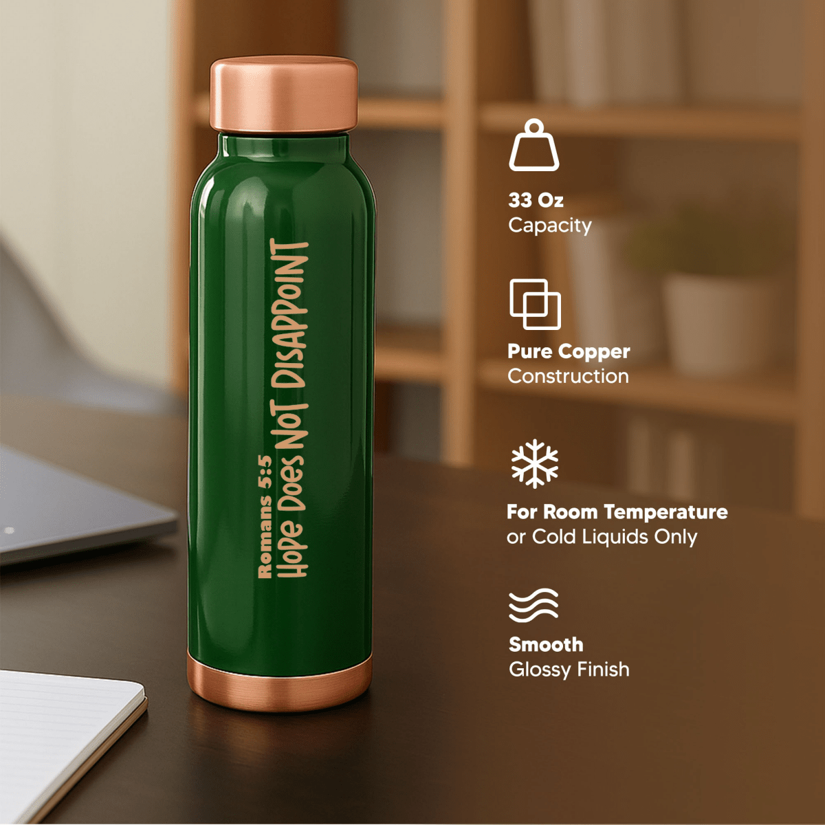 Hope Does Not Disappoint Customized Copper Water Bottle Romans 5:5 and Your Name | Pure Copper | 33 Oz - Shepherds Shelf