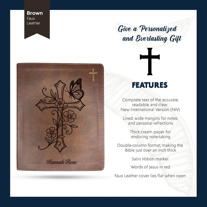 NIV Brown Standard Size Notetaking Holy Bible Medium Print | Cross + Butterfly - Shepherds Shelf
