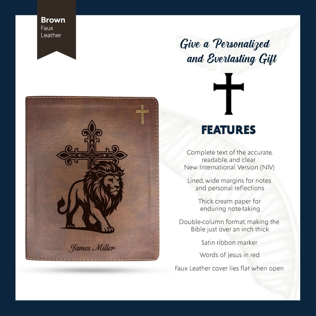 NIV Brown Standard Size Notetaking Holy Bible Medium Print | Lion With Cross - Shepherds Shelf
