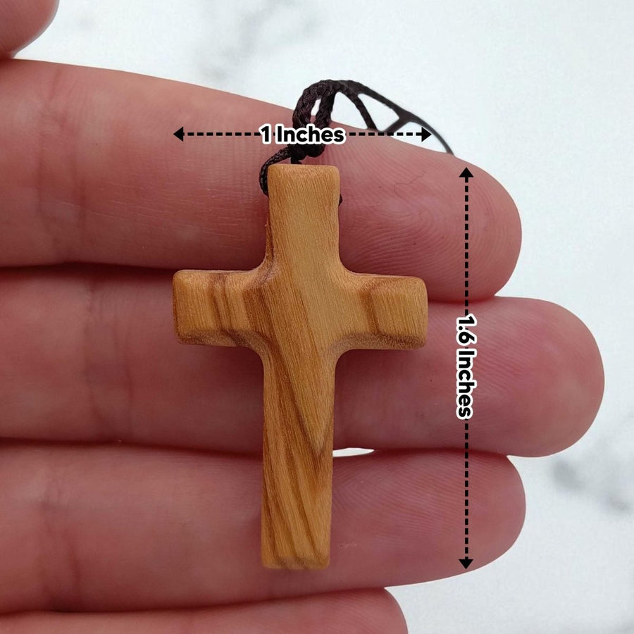Olive Wood Cross Pendant Necklace with Adjustable Rope | Small | Light Brown