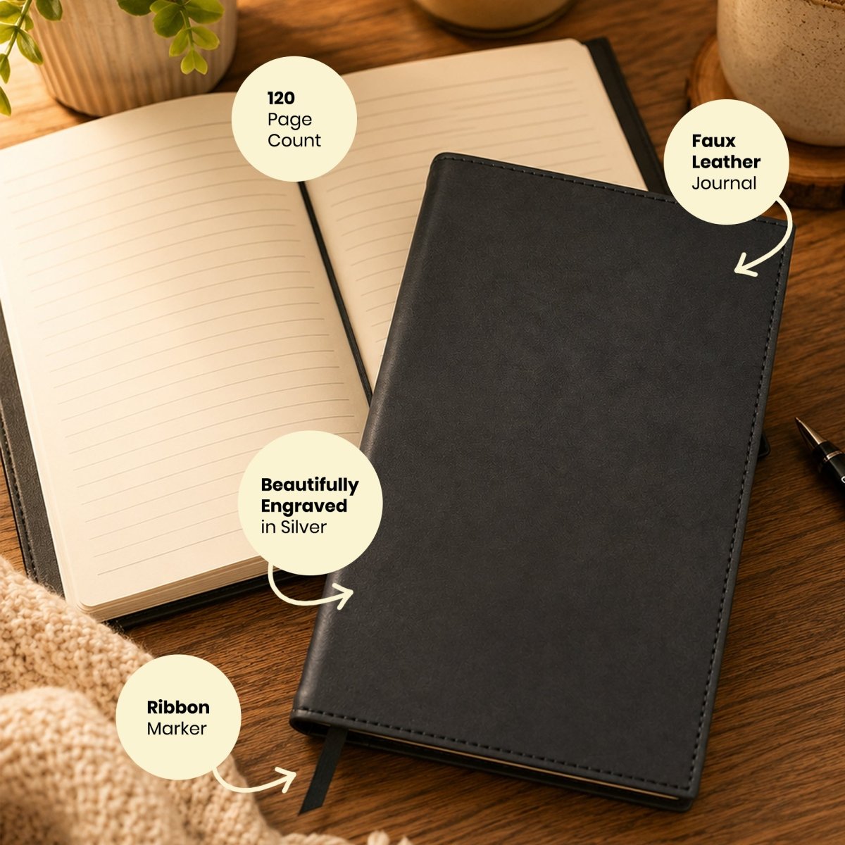 Personalized Black Leatherette Journal Notebook | Custom Name Engraving - Shepherds Shelf