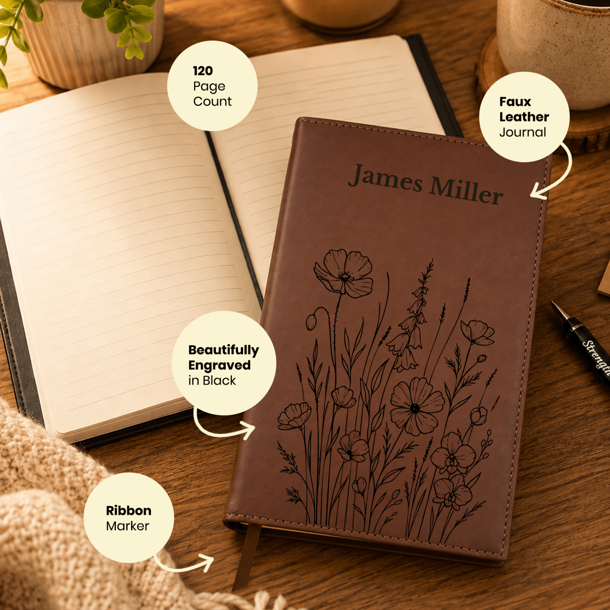 Personalized Brown Leatherette Journal Notebook | Bunch of Flowers - Shepherds Shelf