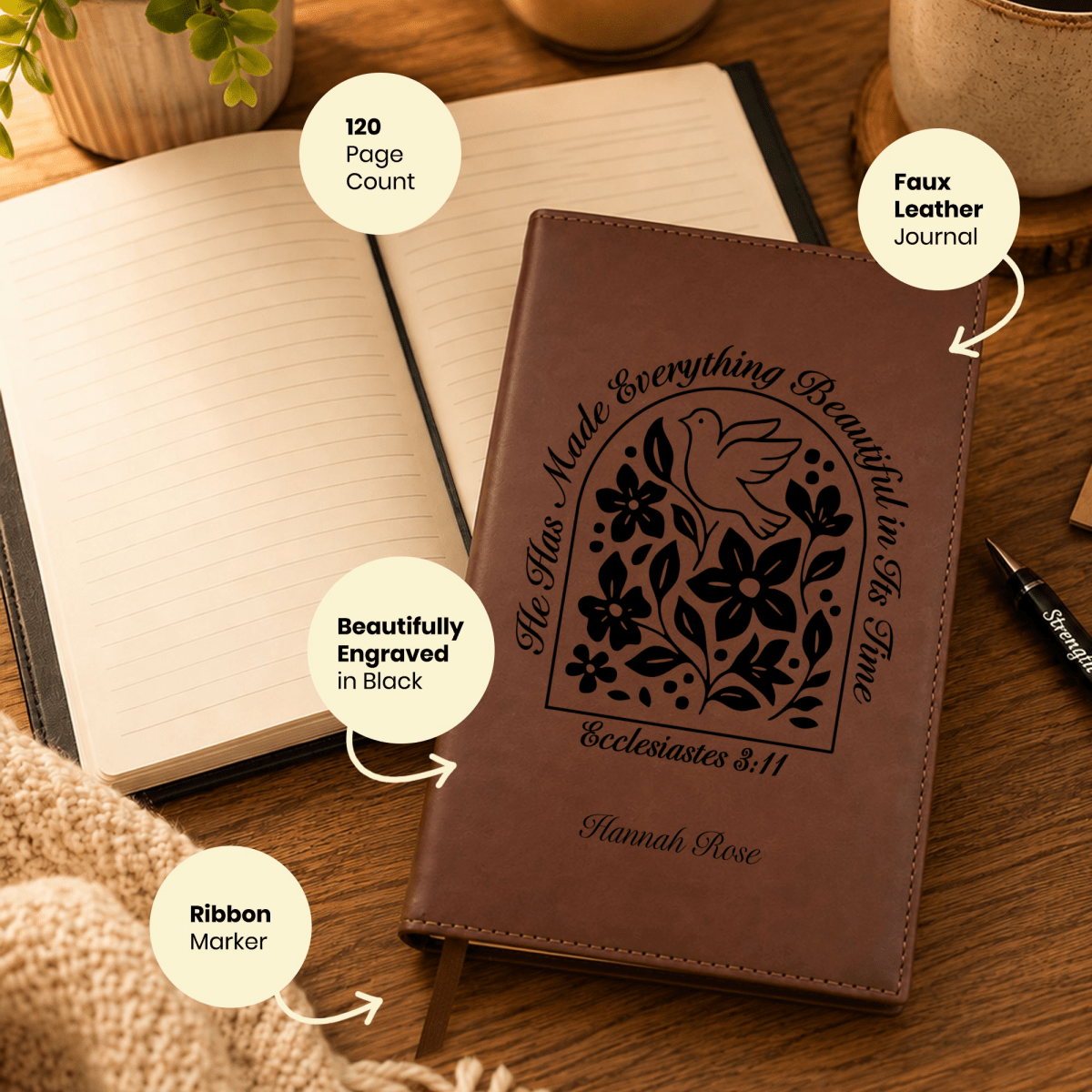 Personalized Brown Leatherette Journal Notebook | Ecclesiastes 3:11 - Shepherds Shelf