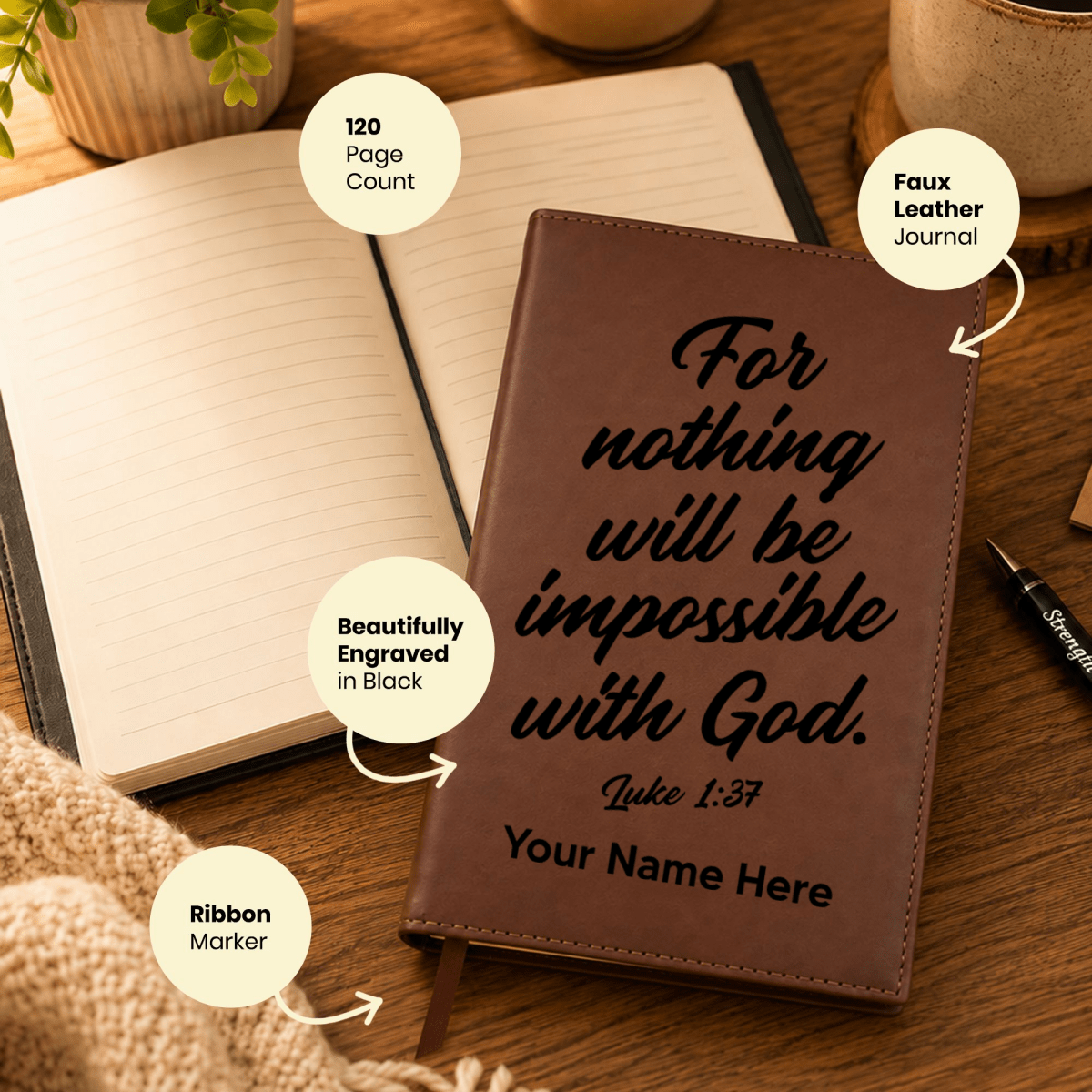 Personalized Brown Leatherette Journal Notebook | Luke 1:37 - Shepherds Shelf