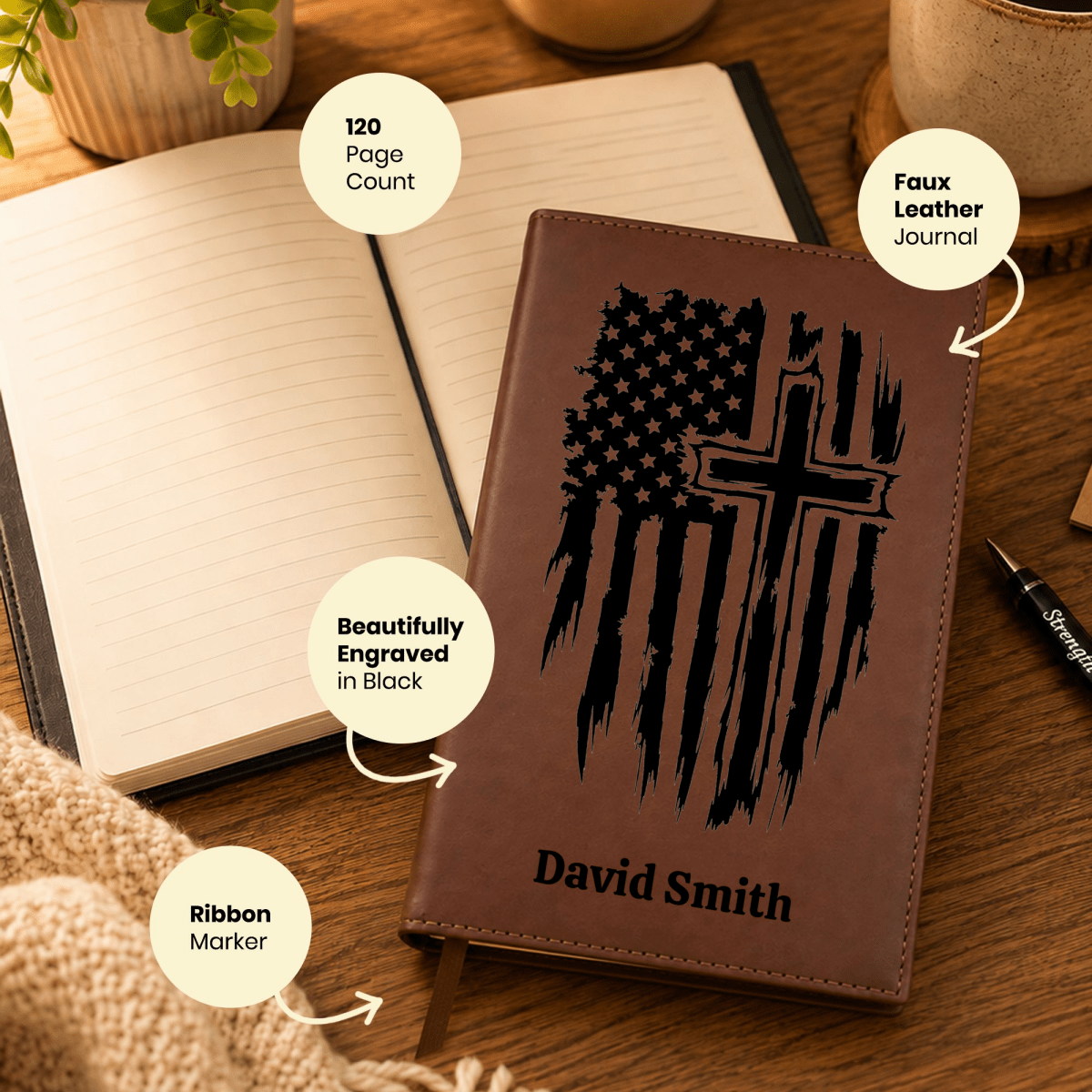 Personalized Brown Leatherette Journal Notebook | One Nation - Shepherds Shelf