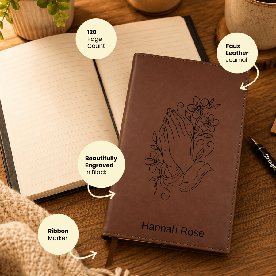 Personalized Leatherette Journal Notebook | Praying Hand With Flowers