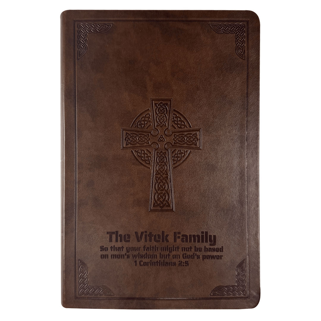 Personalized CSB Reference Bible Faux Leather Large Print Size with Cross Celtic Design Brown | Shepherds Shelf - Shepherds Shelf