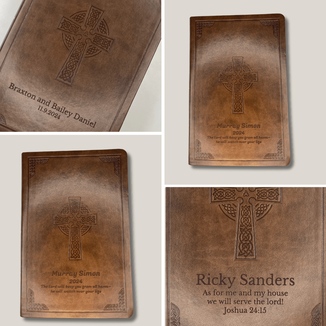 Personalized CSB Reference Bible Faux Leather Large Print Size with Cross Celtic Design Brown | Shepherds Shelf - Shepherds Shelf