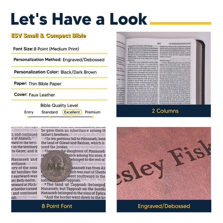 Personalized ESV Compact Bible English Standard Version Faux Leather Holy Bible Medium Print and Red Letter Edition Brown | Shepherds Shelf - Shepherds Shelf