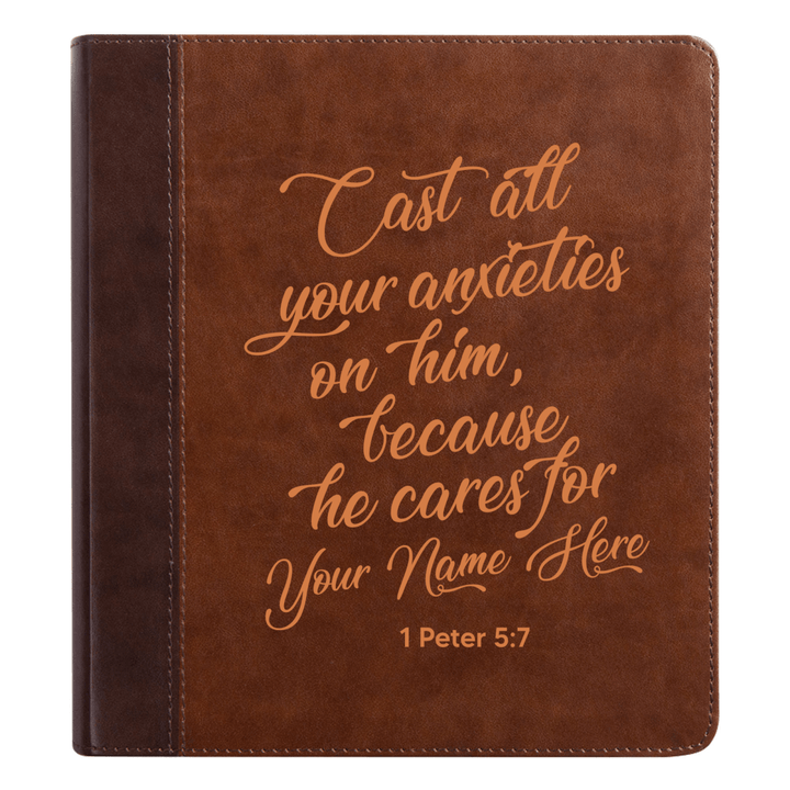 Personalized ESV Double Column Faux Leather Classic Study Bible Custom with Full Cover 1 Peter 5:7 Bible Verse and Name Gift for Christian & Religious Celebrations Small Print | Shepherds Shelf - Shepherds Shelf