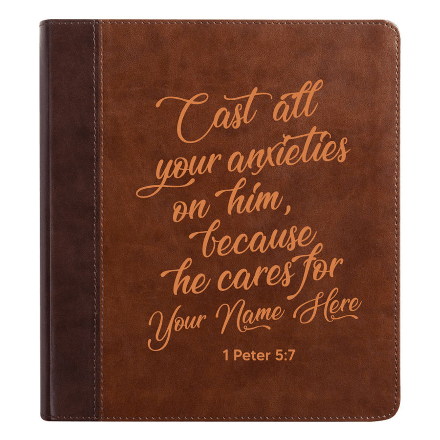 Personalized ESV Double Column Faux Leather Classic Study Bible Custom with Full Cover 1 Peter 5:7 Bible Verse and Name Gift for Christian & Religious Celebrations Small Print | Shepherds Shelf - Shepherds Shelf