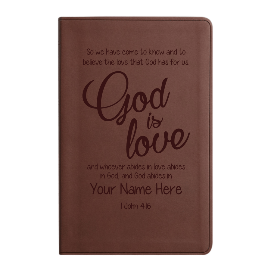 Personalized ESV Thinline Bible Large Print Faux Leather Holy Bible with 1 John 4:16 Design Brown | Shepherds Shelf - Shepherds Shelf