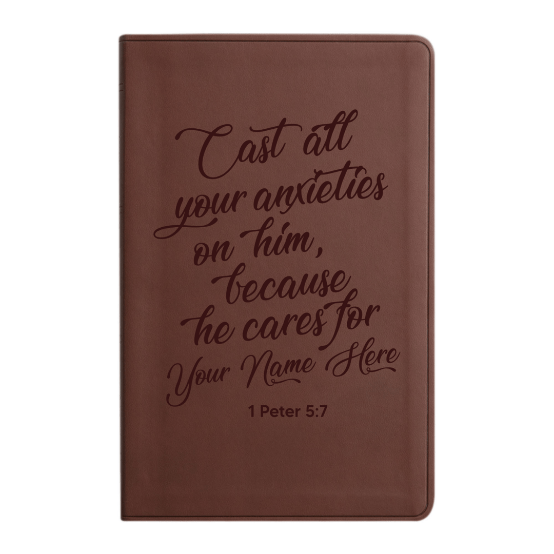 Personalized ESV Thinline Bible Large Print Faux Leather Holy Bible with 1 Peter 5:7 Scripture Design Brown | Shepherds Shelf - Shepherds Shelf
