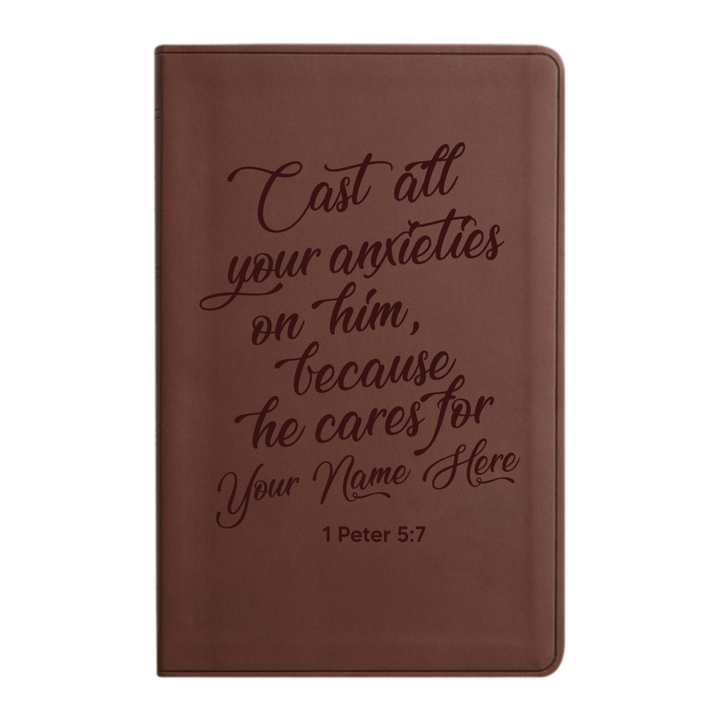 Personalized ESV Thinline Bible Large Print Faux Leather Holy Bible with 1 Peter 5:7 Scripture Design Brown | Shepherds Shelf - Shepherds Shelf