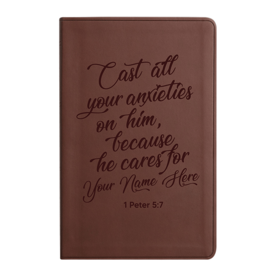 Personalized ESV Thinline Bible Large Print Faux Leather Holy Bible with 1 Peter 5:7 Scripture Design Brown | Shepherds Shelf - Shepherds Shelf