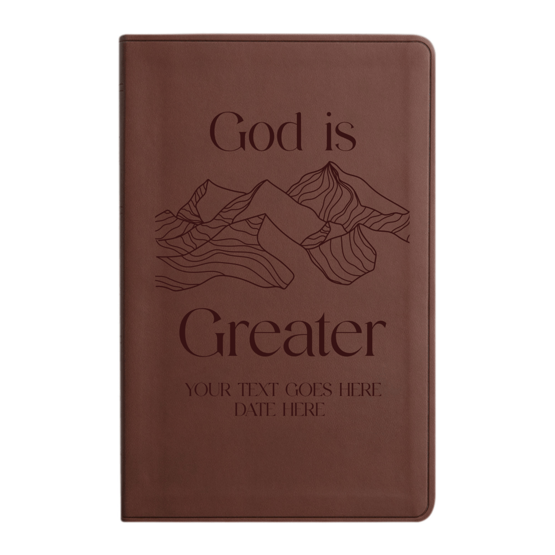Personalized ESV Thinline Bible Large Print Faux Leather Holy Bible with Full Cover God is Greater Design Brown | Shepherds Shelf - Shepherds Shelf