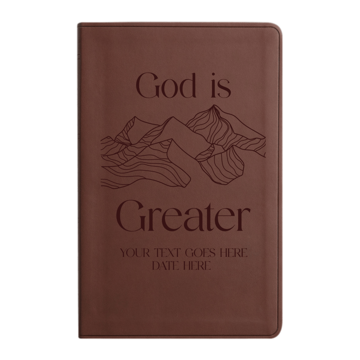 Personalized ESV Thinline Bible Large Print Faux Leather Holy Bible with Full Cover God is Greater Design Brown | Shepherds Shelf - Shepherds Shelf