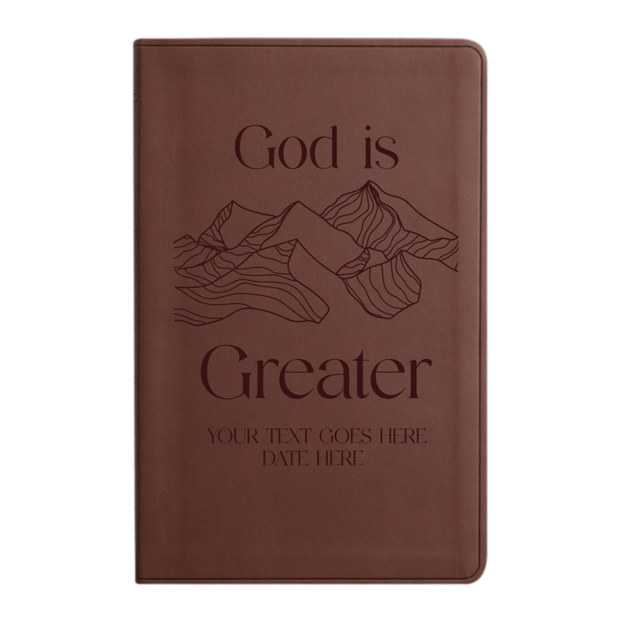 Personalized ESV Thinline Bible Large Print Faux Leather Holy Bible with Full Cover God is Greater Design Brown | Shepherds Shelf - Shepherds Shelf