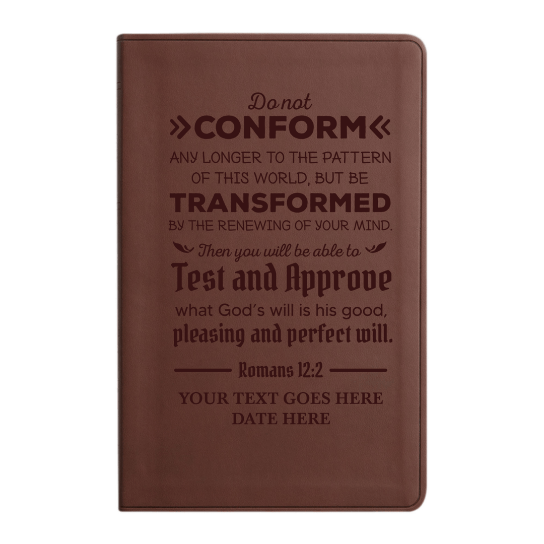 Personalized ESV Thinline Bible Large Print Faux Leather Holy Bible with Romans 12:2 Bible Verse Design Brown | Shepherds Shelf - Shepherds Shelf