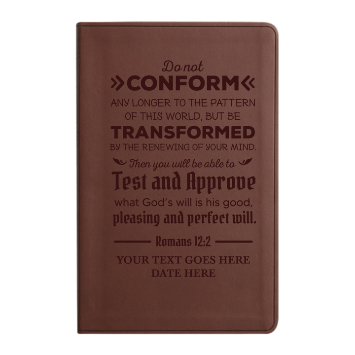 Personalized ESV Thinline Bible Large Print Faux Leather Holy Bible with Romans 12:2 Bible Verse Design Brown | Shepherds Shelf - Shepherds Shelf