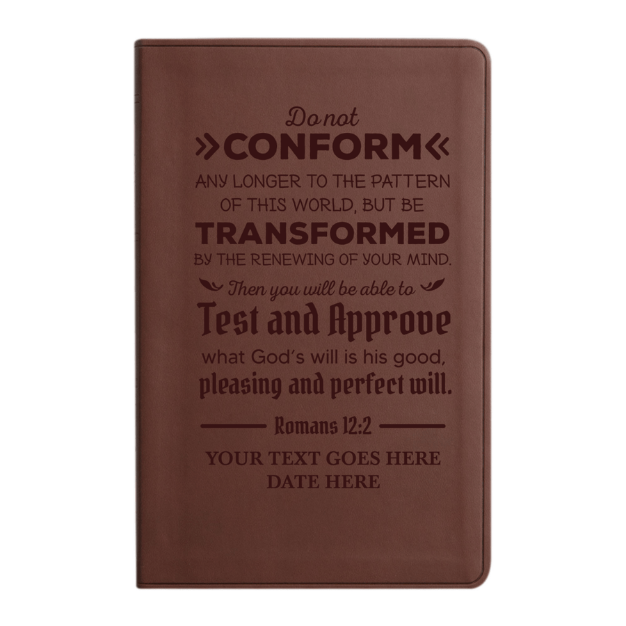 Personalized ESV Thinline Bible Large Print Faux Leather Holy Bible with Romans 12:2 Bible Verse Design Brown | Shepherds Shelf - Shepherds Shelf