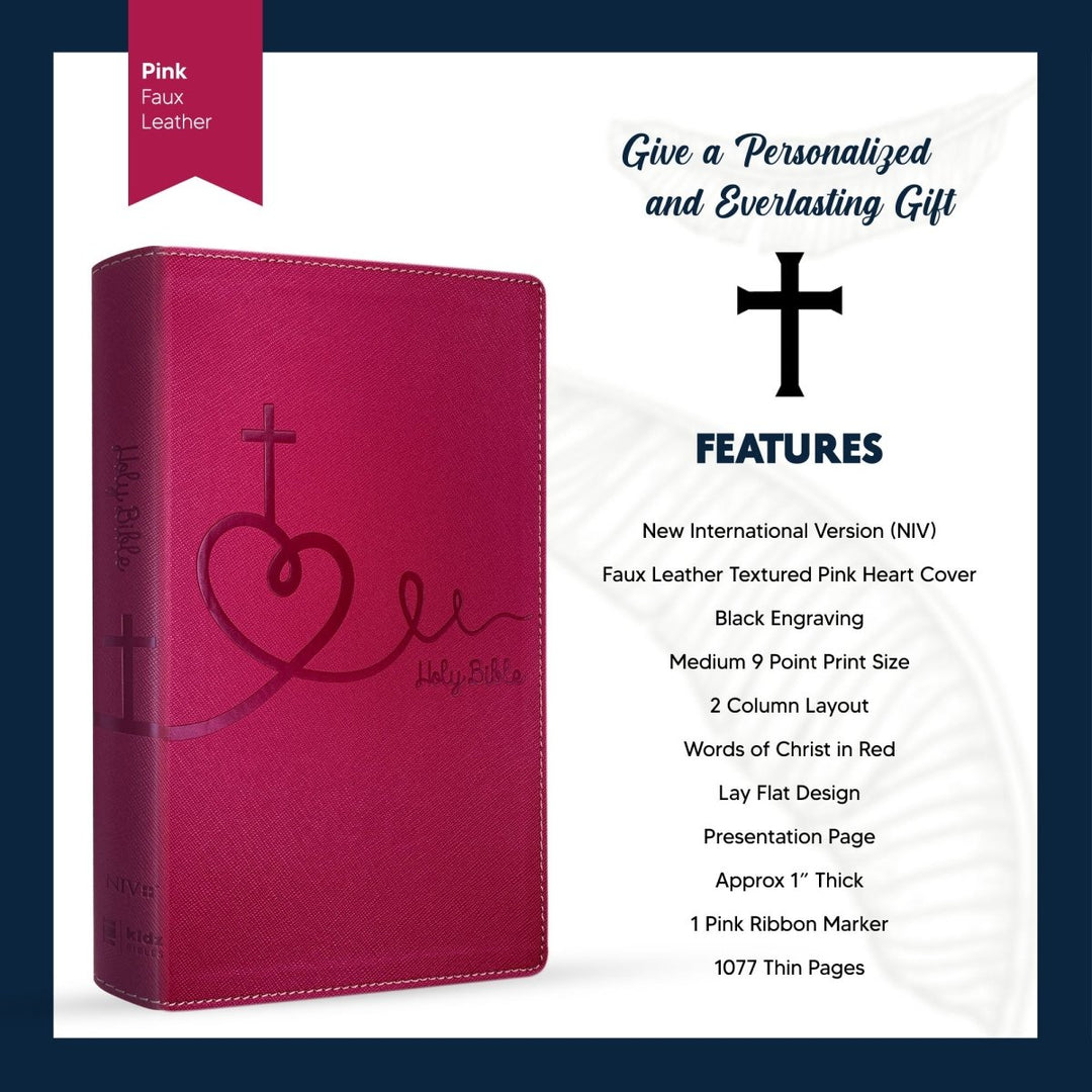 Personalized Faux Leather NIV Kids Bible with Custom Name and Date in Black Medium Print Size Thin New International Version Bible Religious Pink | Shepherds Shelf - Shepherds Shelf