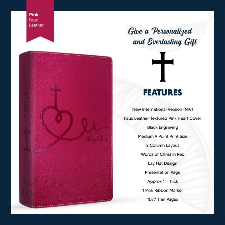 Personalized Faux Leather NIV Kids Bible with Custom Name and Date in Black Medium Print Size Thin New International Version Bible Religious Pink | Shepherds Shelf - Shepherds Shelf