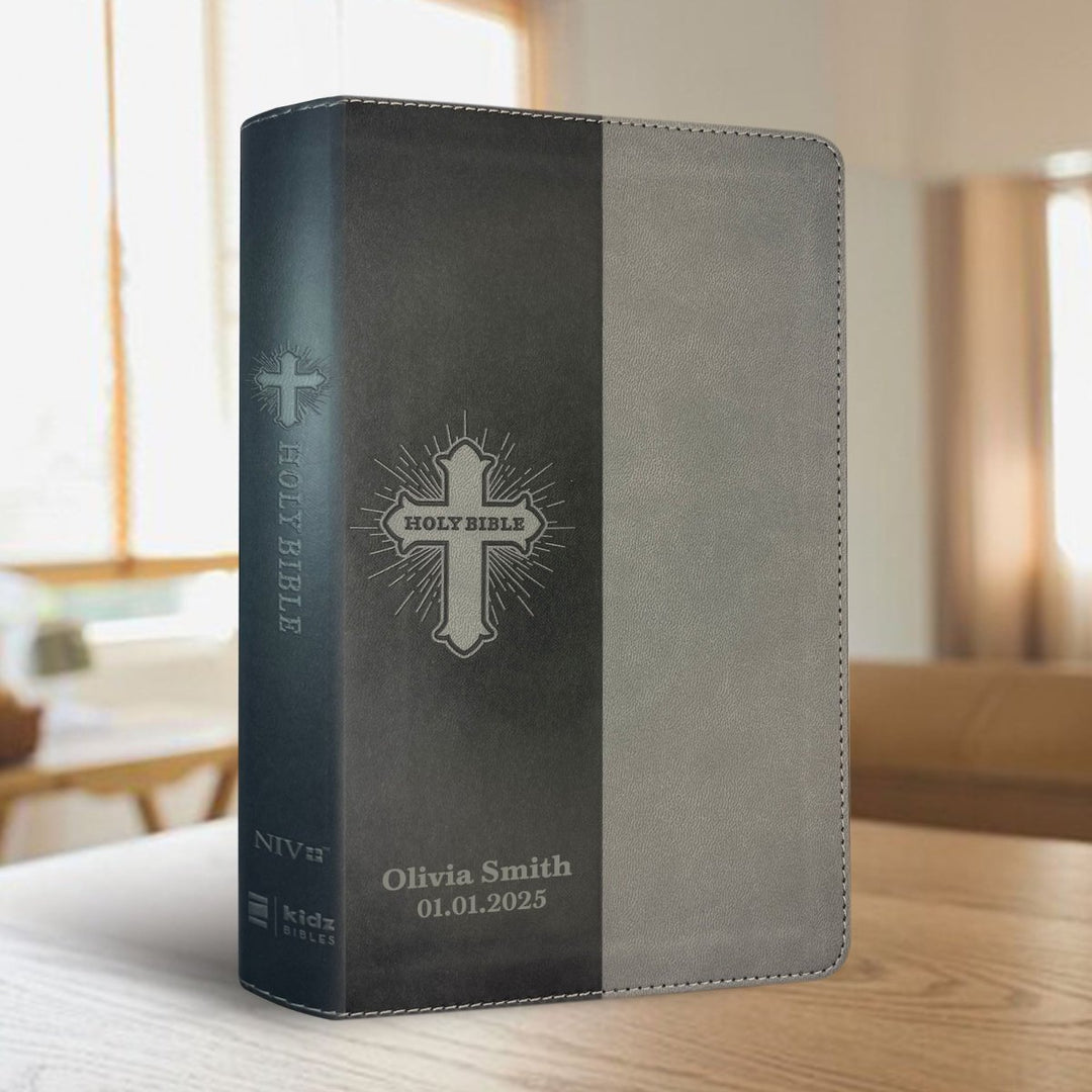 Personalized Faux Leather NIV Kids Bible with Custom Name and Date in Light Gray Medium Print Size Thin New International Version Bible Gray | Shepherds Shelf - Shepherds Shelf