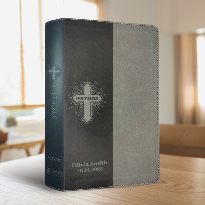 Personalized Faux Leather NIV Kids Bible with Custom Name and Date in Light Gray Medium Print Size Thin New International Version Bible Gray | Shepherds Shelf - Shepherds Shelf