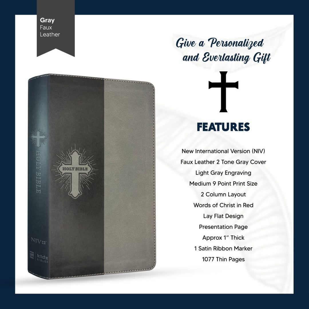 Personalized Faux Leather NIV Kids Bible with Custom Name and Date in Light Gray Medium Print Size Thin New International Version Bible Gray | Shepherds Shelf - Shepherds Shelf