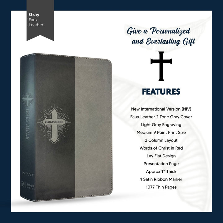 Personalized Faux Leather NIV Kids Bible with Custom Name and Date in Light Gray Medium Print Size Thin New International Version Bible Gray | Shepherds Shelf - Shepherds Shelf