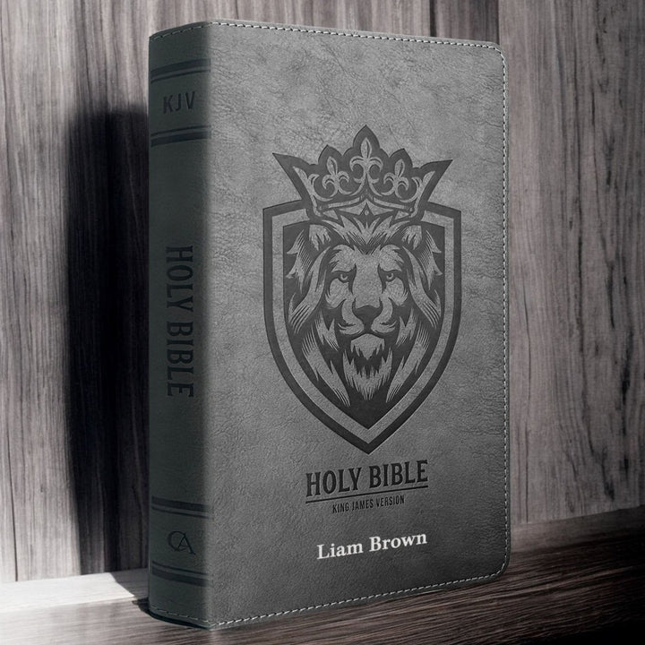Personalized Faux Leather Small Print KJV Gift and Award Bible, Gray Lion Head | Shepherds Shelf - Shepherds Shelf
