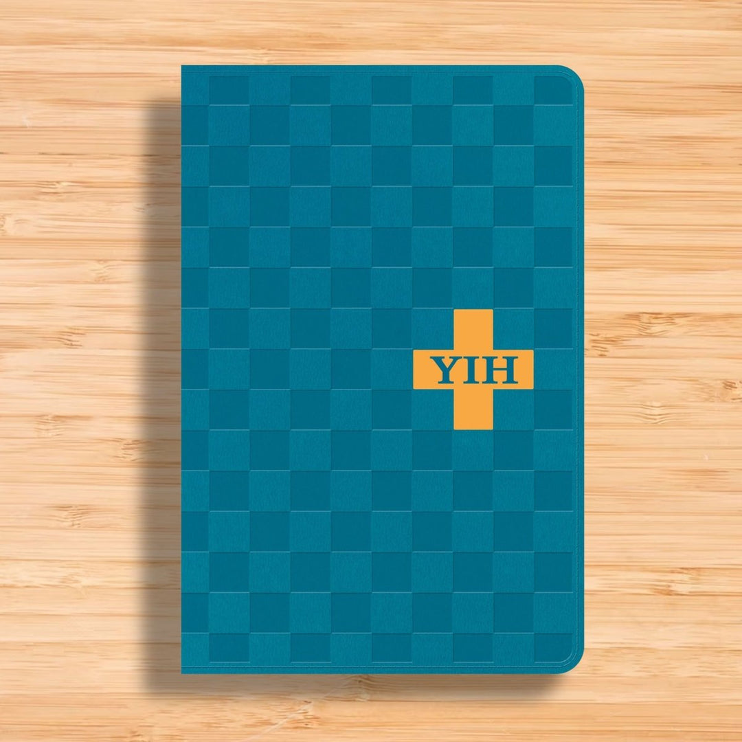 Personalized First NLT Holy Bible for Kids Medium Print Faux Leather INITIALs Checkered Blue & Orange Cross Design Blue | Shepherds Shelf - Shepherds Shelf