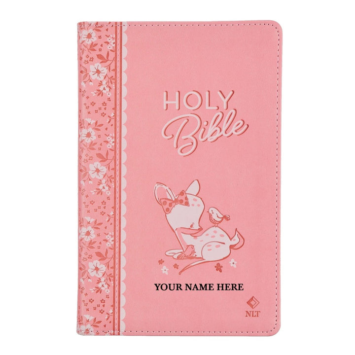 Personalized Keepsake First Holy Bible NLT Medium Print Faux Leather - Custom Name with Illustrated Forest Animal Cover Pink | Shepherds Shelf - Shepherds Shelf