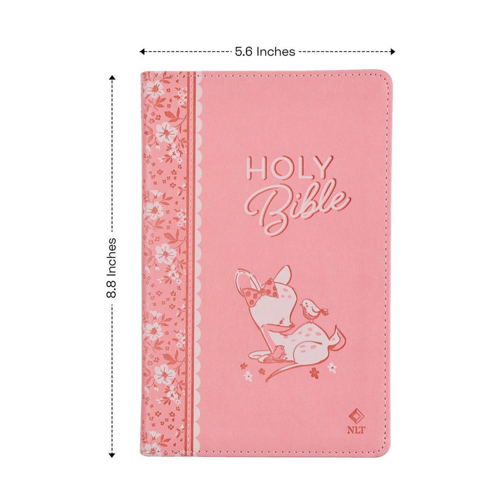 Personalized Keepsake First Holy Bible NLT Medium Print Faux Leather - Custom Name with Illustrated Forest Animal Cover Pink | Shepherds Shelf - Shepherds Shelf