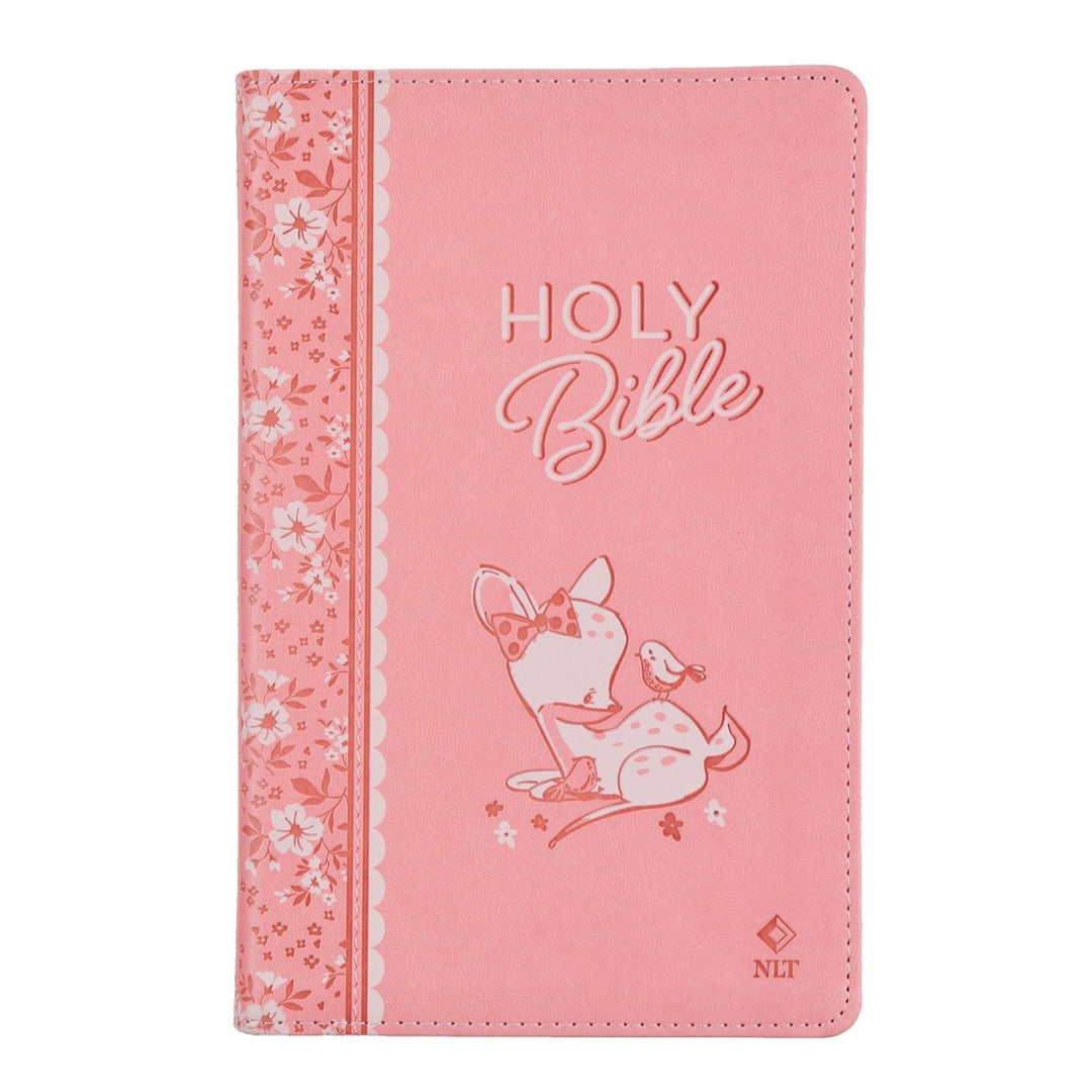Personalized Keepsake First Holy Bible NLT Medium Print Faux Leather - Custom Name with Illustrated Forest Animal Cover Pink | Shepherds Shelf - Shepherds Shelf