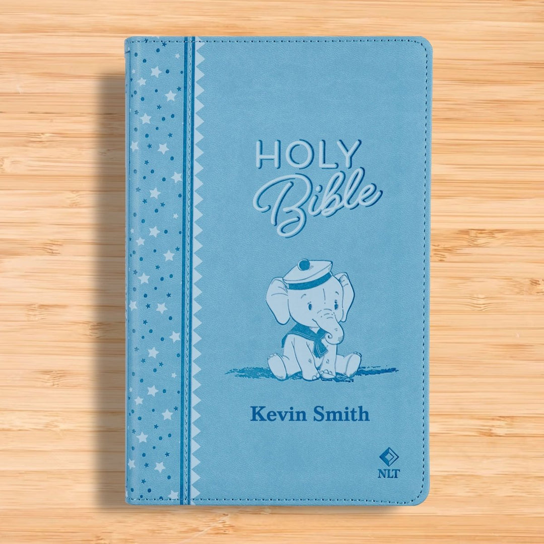 Personalized Keepsake First Holy Bible NLT Medium Print Faux Leather - with Illustrated Elephant Design on Cover Blue | Shepherds Shelf - Shepherds Shelf